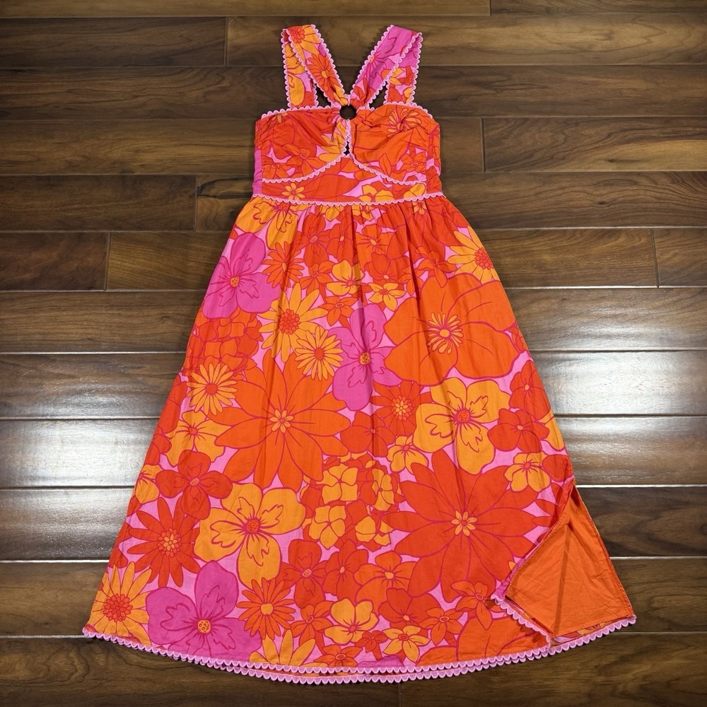 J.Marie Size Large Orange Pink Floral Lizzie Ric Rac Cross Halter Midi Dress